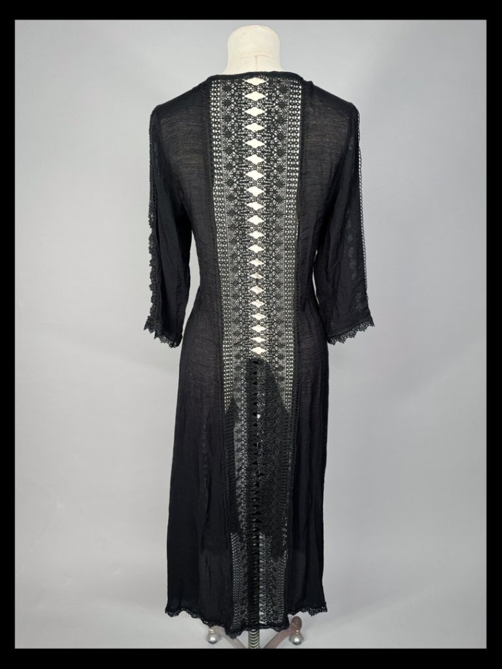 Black Sheer Gauze Guipure Lace Trim Duster Cover-Up Tie Front Size Small - Picture 3 of 4